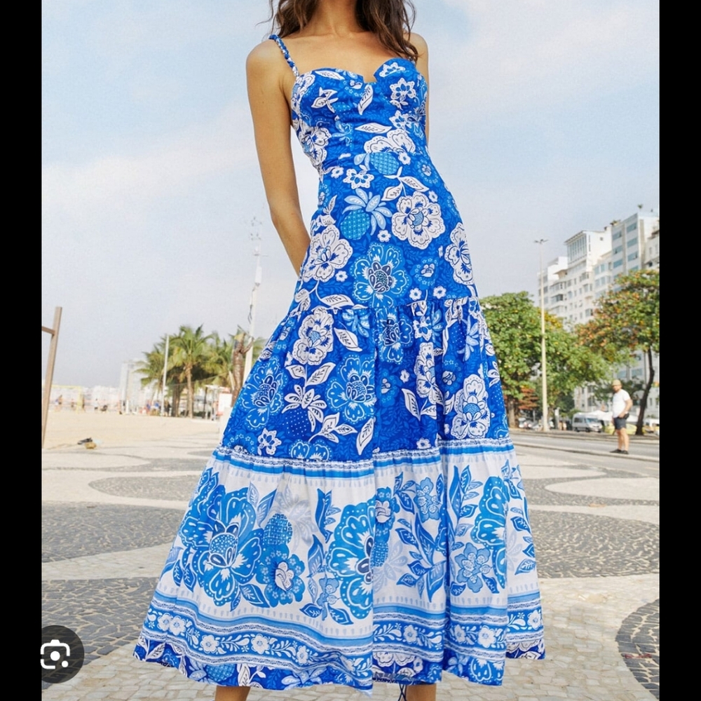 Farm Rio blue full of flowers organic cotton midi dress Size Small